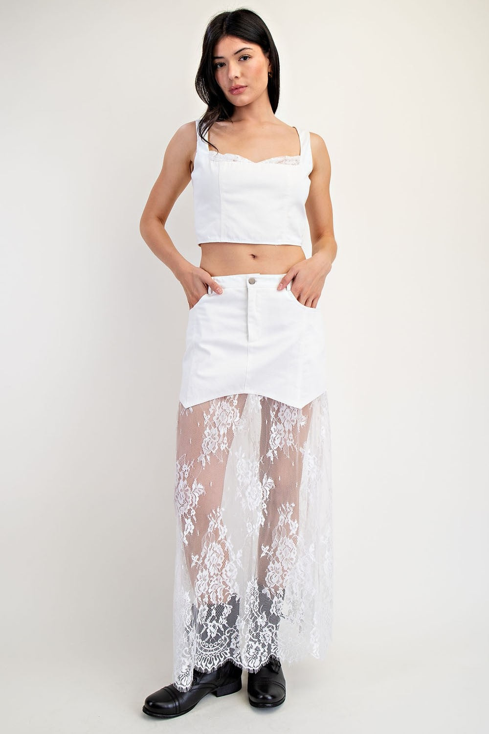 Layered denim and lace contrast midi skirt by Edit by Nine, featuring a stylish, tiered design with intricate fabric details.