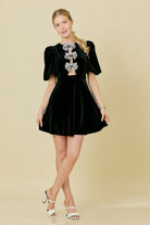 Cluster Rhinestone Bow Cutout Velvet Mini Dress - Main Strip - RARA Boutique 