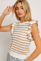 Round Neck Ruffle Sleeve Stripe Knit Top - RARA Boutique 