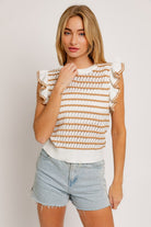 Round Neck Ruffle Sleeve Stripe Knit Top - RARA Boutique 