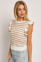 Round Neck Ruffle Sleeve Stripe Knit Top - RARA Boutique 