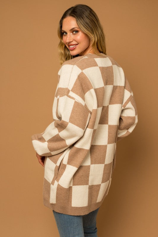 Checker Print Long Sweater Cardigan - RARA Boutique 