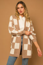 Checker Print Long Sweater Cardigan - RARA Boutique 