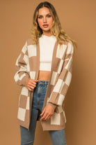 Checker Print Long Sweater Cardigan - RARA Boutique 