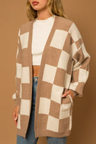 Checker Print Long Sweater Cardigan - RARA Boutique 