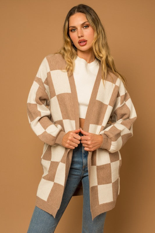 Checker Print Long Sweater Cardigan - RARA Boutique 