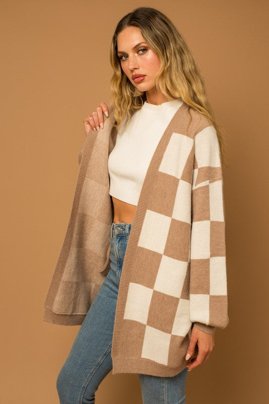 Checker Print Long Sweater Cardigan - RARA Boutique 