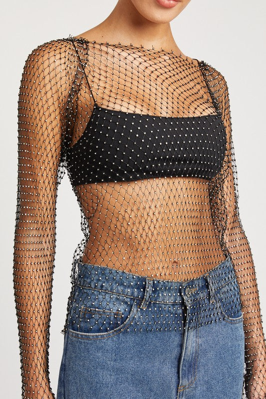 Rhinestone Net Long Sleeve Top - RARA Boutique 