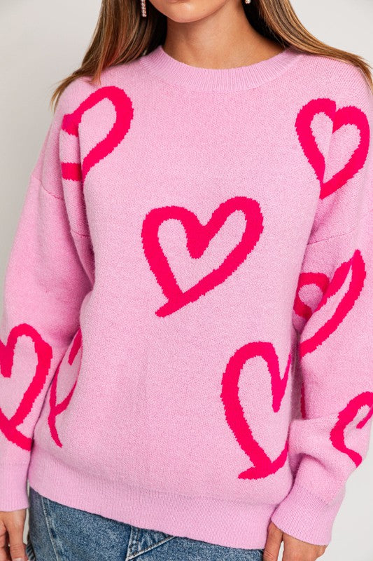 Long Sleeve Round Neck Heart Printed Sweater - RARA Boutique 