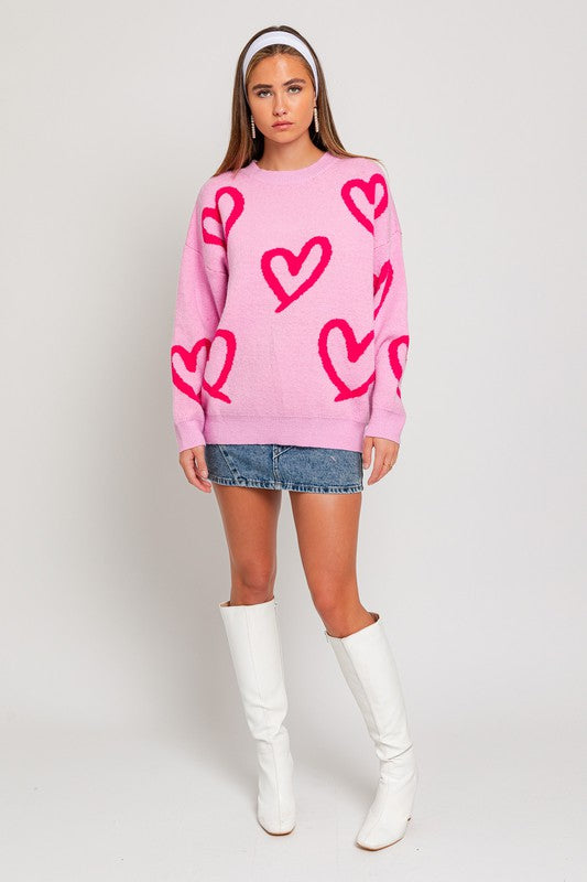 Long Sleeve Round Neck Heart Printed Sweater - RARA Boutique 