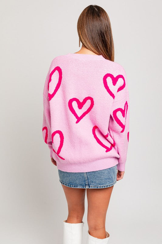 Long Sleeve Round Neck Heart Printed Sweater - RARA Boutique 