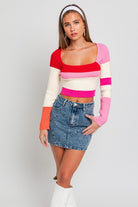 Multicolor Long Sleeve Square Neck Color Block Knit Top - RARA Boutique 