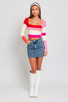 Multicolor Long Sleeve Square Neck Color Block Knit Top - RARA Boutique 