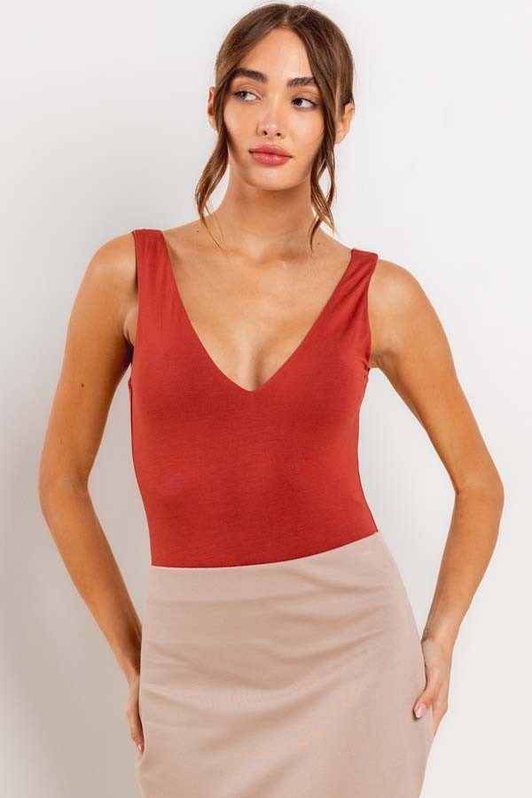 Double Layer Deep V-Neck Tank Top Bodysuit - RARA Boutique 