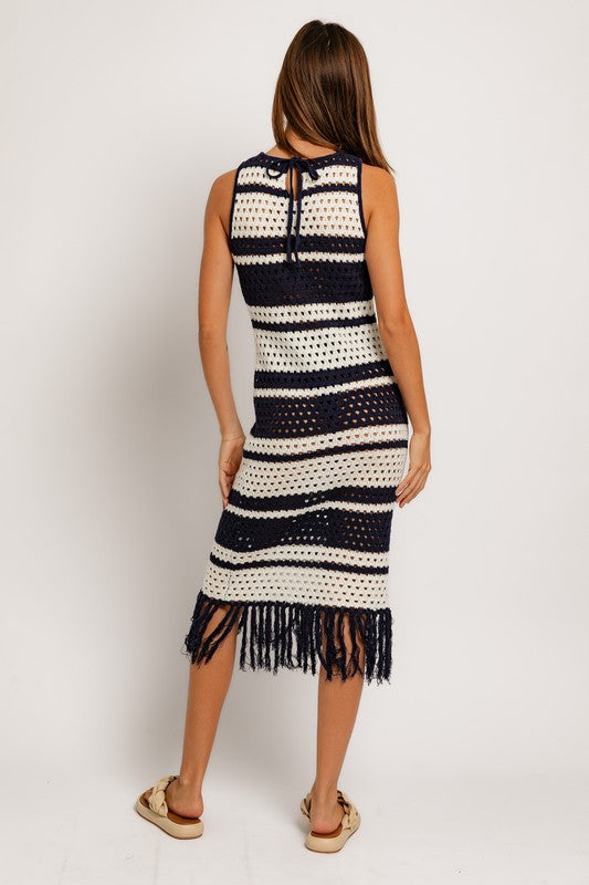 Sleeveless Crochet Striped Sweater Dress - RARA Boutique 