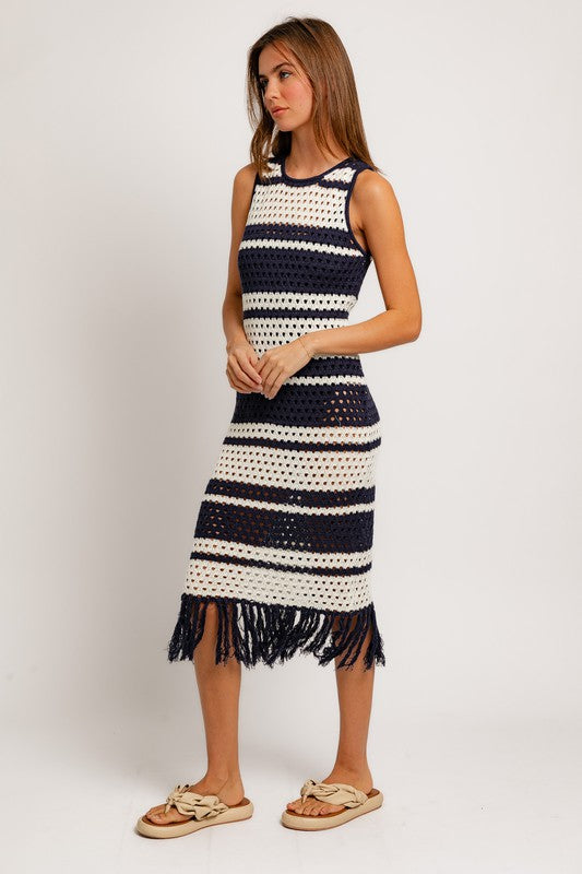 Sleeveless Crochet Striped Sweater Dress - RARA Boutique 