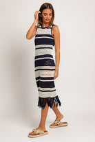 Sleeveless Crochet Striped Sweater Dress - RARA Boutique 