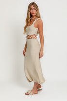 Square Neck Crochet Cut Out Midi Dress with Circle Details - RARA Boutique 