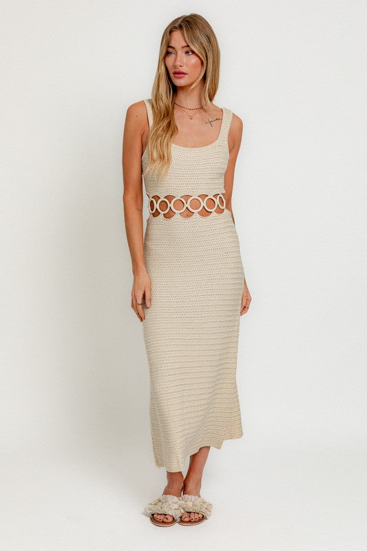 Square Neck Crochet Cut Out Midi Dress with Circle Details - RARA Boutique 