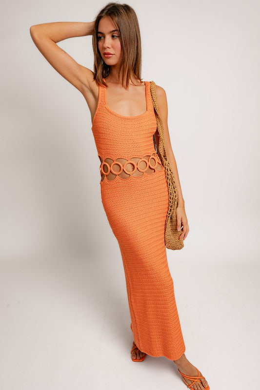 Square Neck Crochet Cut Out Midi Dress with Circle Details - RARA Boutique 