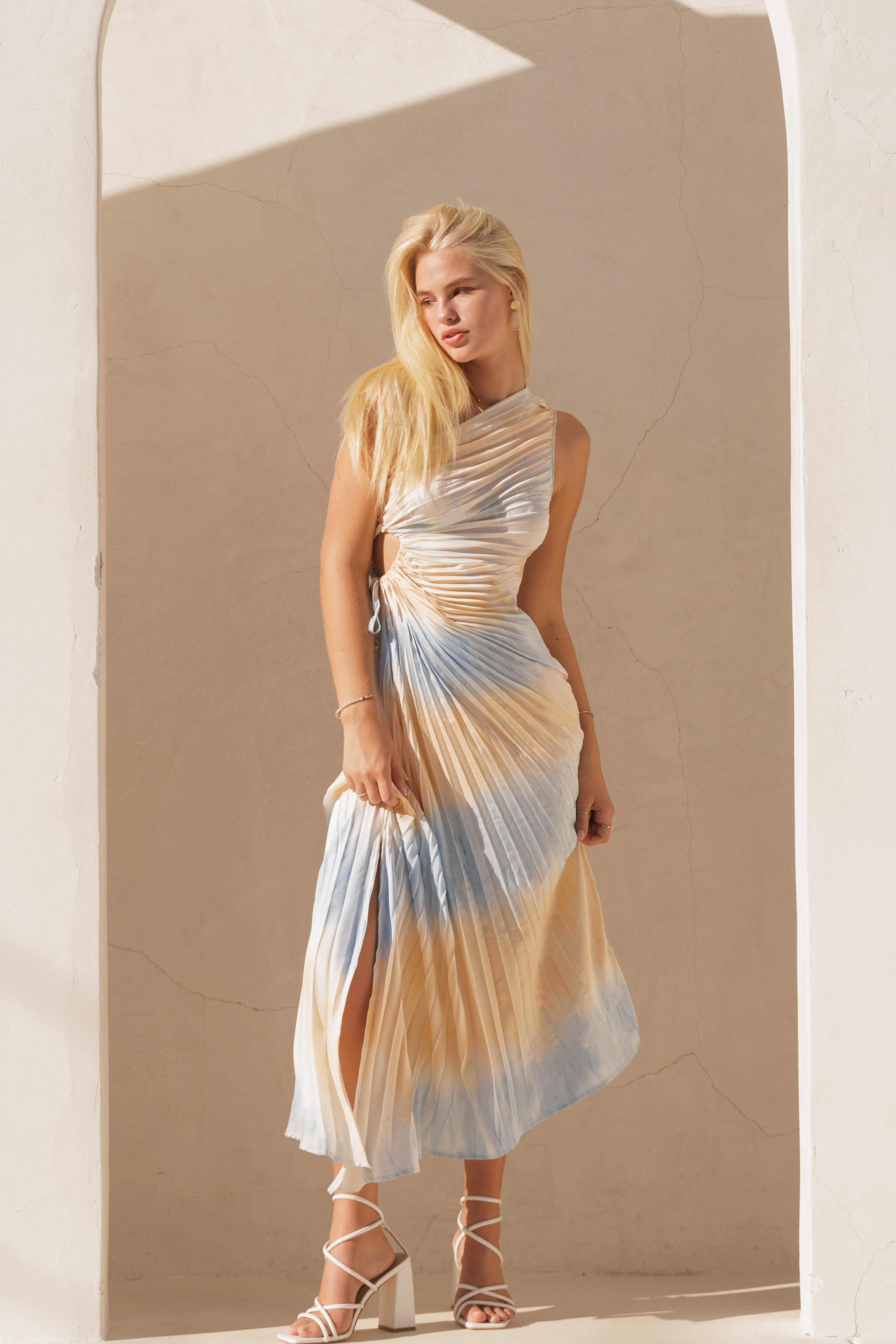 Pastel printed pleat one-shoulder midi dress by RARA Boutique, featuring an asymmetrical design and elegant style.