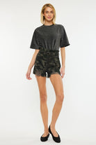 Camo Print Belted Denim Shorts with Paperbag Waist - Kan Can - RARA Boutique 