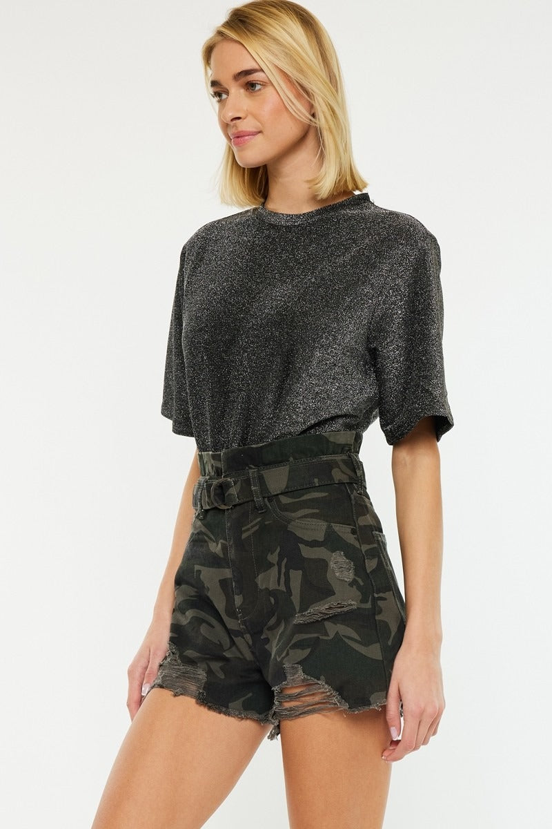 Camo Print Belted Denim Shorts with Paperbag Waist - Kan Can - RARA Boutique 