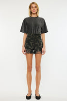 Camo Print Belted Denim Shorts with Paperbag Waist - Kan Can - RARA Boutique 