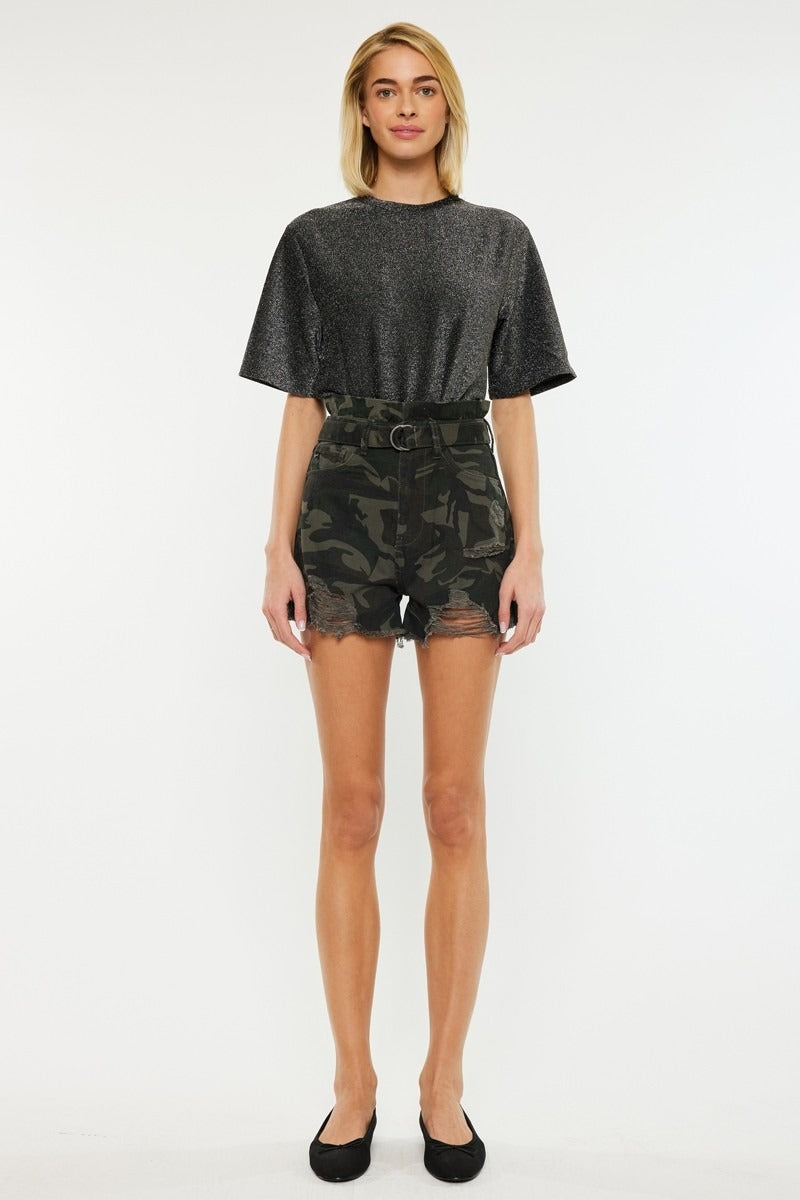 Camo Print Belted Denim Shorts with Paperbag Waist - Kan Can - RARA Boutique 