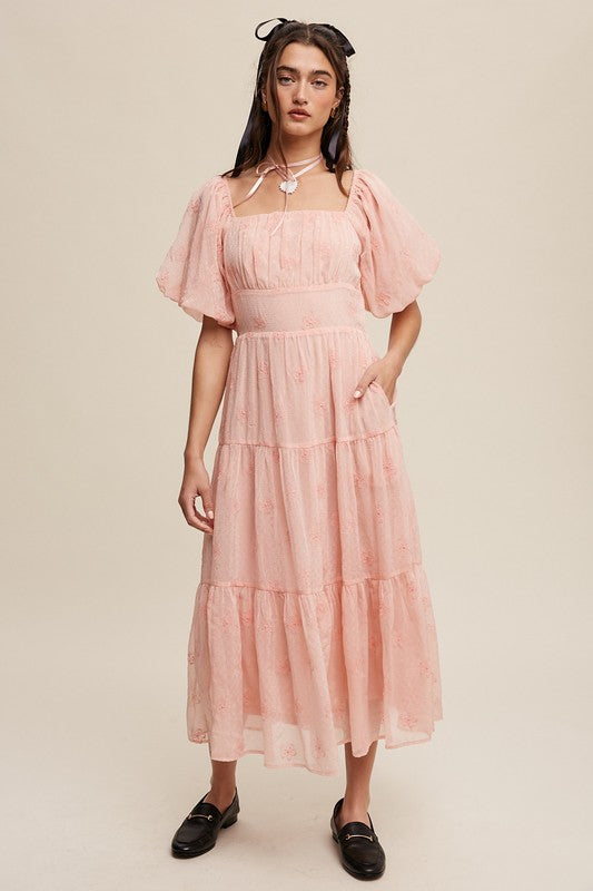Flower Embroidered Puff Sleeve Tiered Maxi Dress - RARA Boutique 