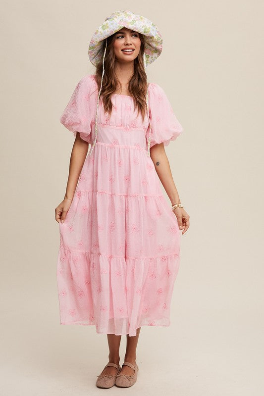 Flower Embroidered Puff Sleeve Tiered Maxi Dress - RARA Boutique 