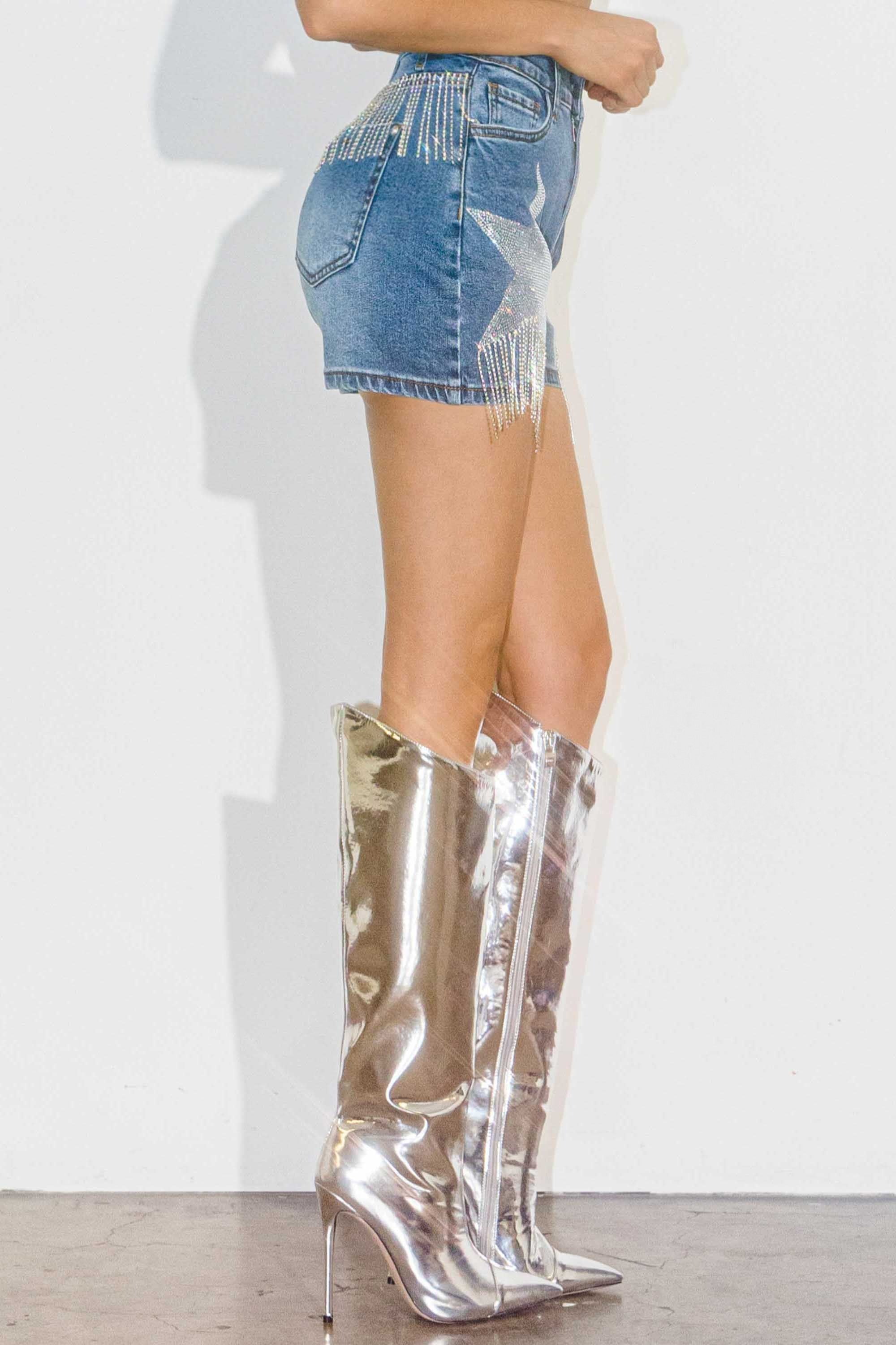 Rhinestone Fringe Star Denim Shorts - Vibrant M.i.U - RARA Boutique 