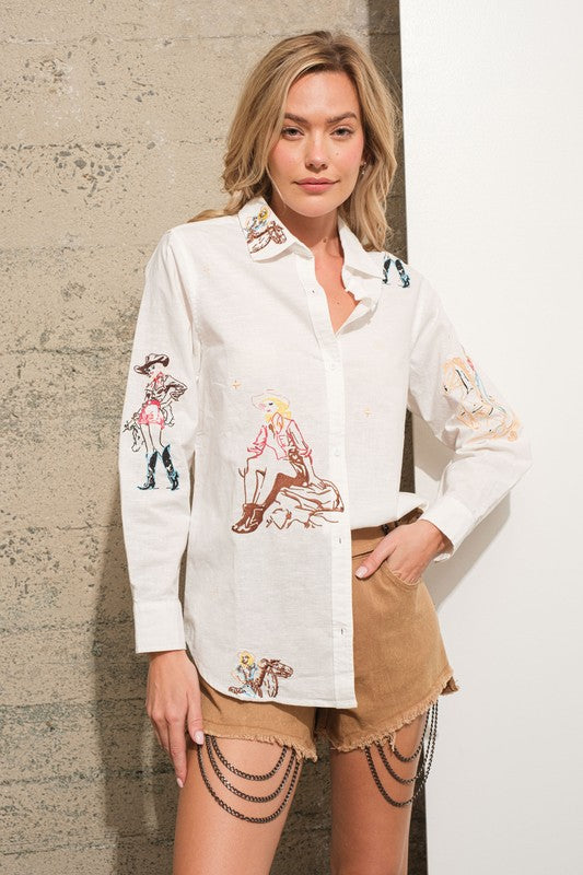 Embroidered Western Cowgirl Linen Shirt Blouse - RARA Boutique 