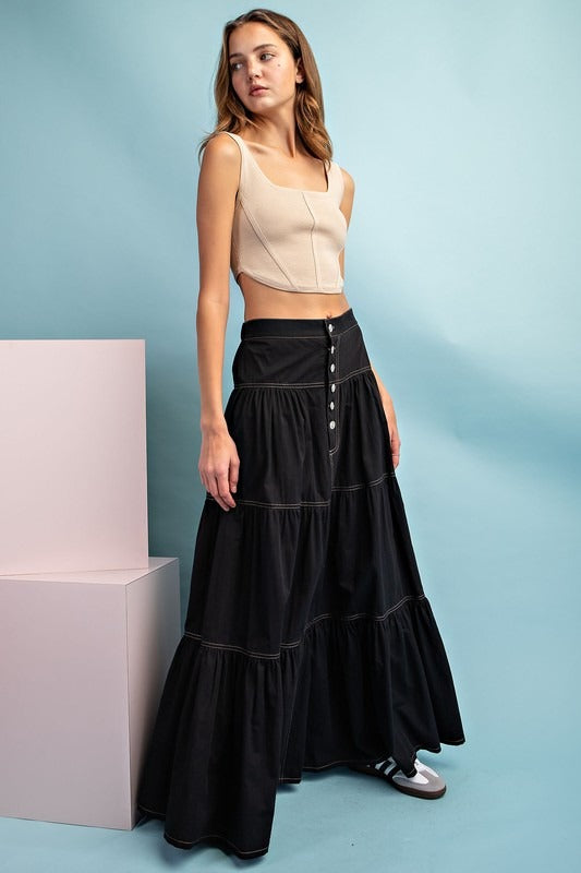 A-Line Tiered Button Up Maxi Skirt - eesome - RARA Boutique 