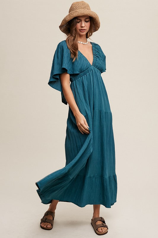 Deep V-Neck Ruffle Sleeve Flowy Maxi Dress - RARA Boutique 