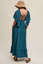 Deep V-Neck Ruffle Sleeve Flowy Maxi Dress - RARA Boutique 