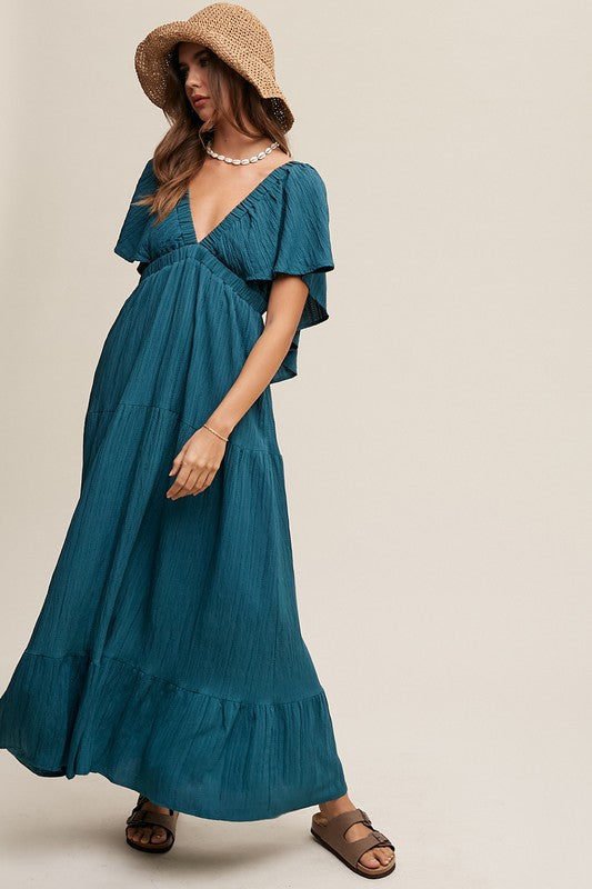 Deep V-Neck Ruffle Sleeve Flowy Maxi Dress - RARA Boutique 