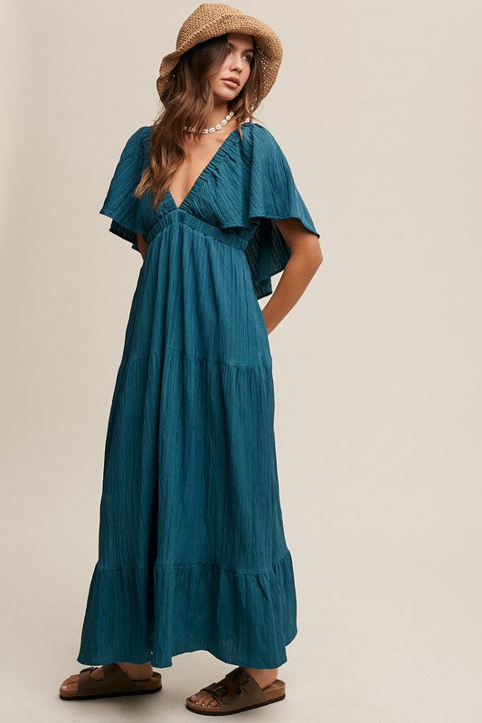 Deep V-Neck Ruffle Sleeve Flowy Maxi Dress - RARA Boutique 