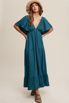 Deep V-Neck Ruffle Sleeve Flowy Maxi Dress - RARA Boutique 