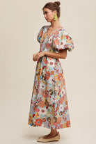 Vintage Flower Print Smocked V-neck Puff Sleeve Maxi Dress - RARA Boutique 