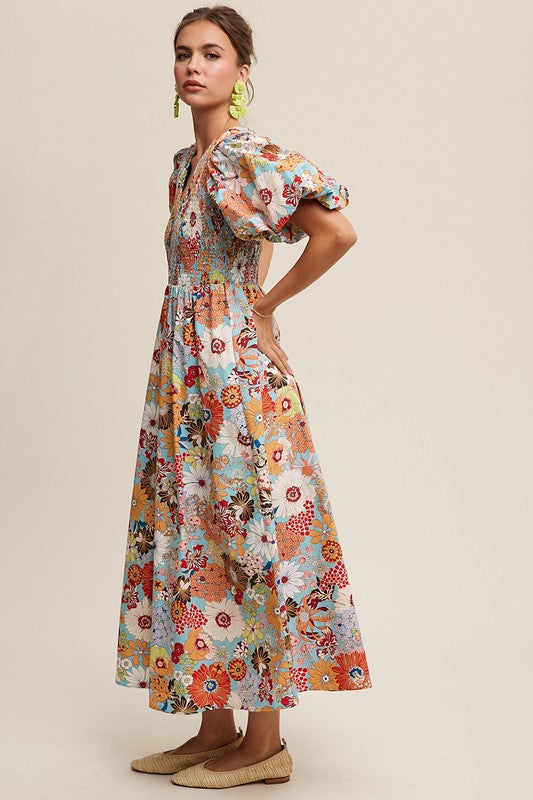 Vintage Flower Print Smocked V-neck Puff Sleeve Maxi Dress - RARA Boutique 