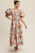 Vintage Flower Print Smocked V-neck Puff Sleeve Maxi Dress - RARA Boutique 