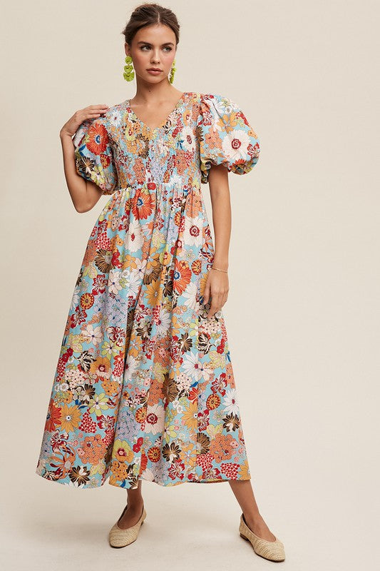 Vintage Flower Print Smocked V-neck Puff Sleeve Maxi Dress - RARA Boutique 