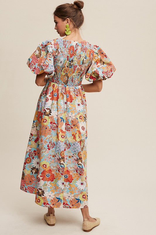 Vintage Flower Print Smocked V-neck Puff Sleeve Maxi Dress - RARA Boutique 