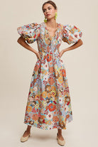 Vintage Flower Print Smocked V-neck Puff Sleeve Maxi Dress - RARA Boutique 