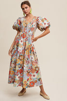 Vintage Flower Print Smocked V-neck Puff Sleeve Maxi Dress - RARA Boutique 