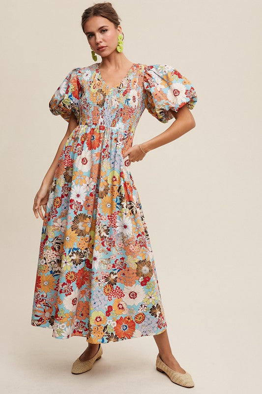 Vintage Flower Print Smocked V-neck Puff Sleeve Maxi Dress - RARA Boutique 