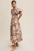 Vintage Flower Print Smocked V-neck Puff Sleeve Maxi Dress - RARA Boutique 