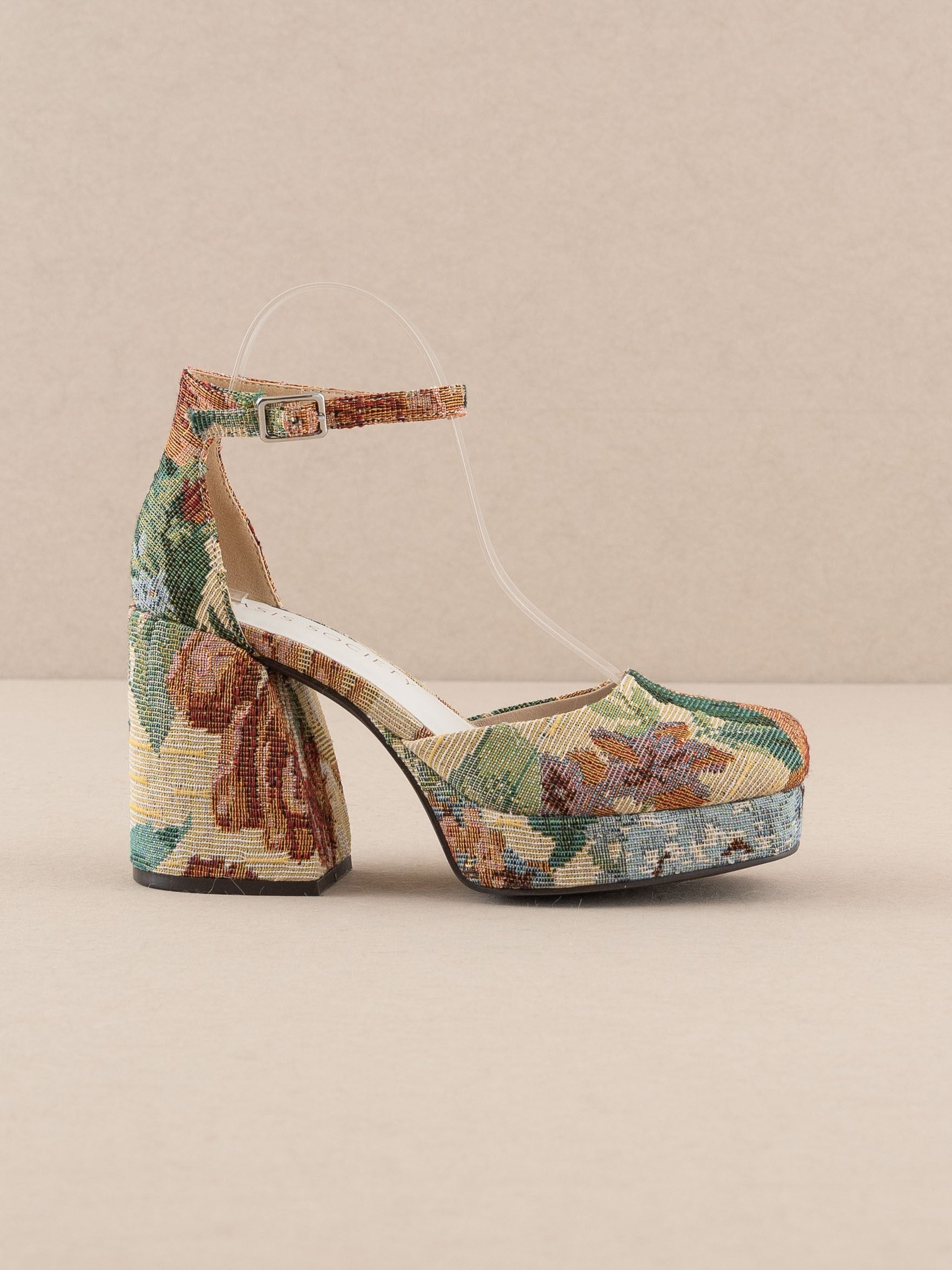 Floral Tapestry Chunky Platform Mary Jane Heels with Square Toe - Oasis Society - RARA Boutique 