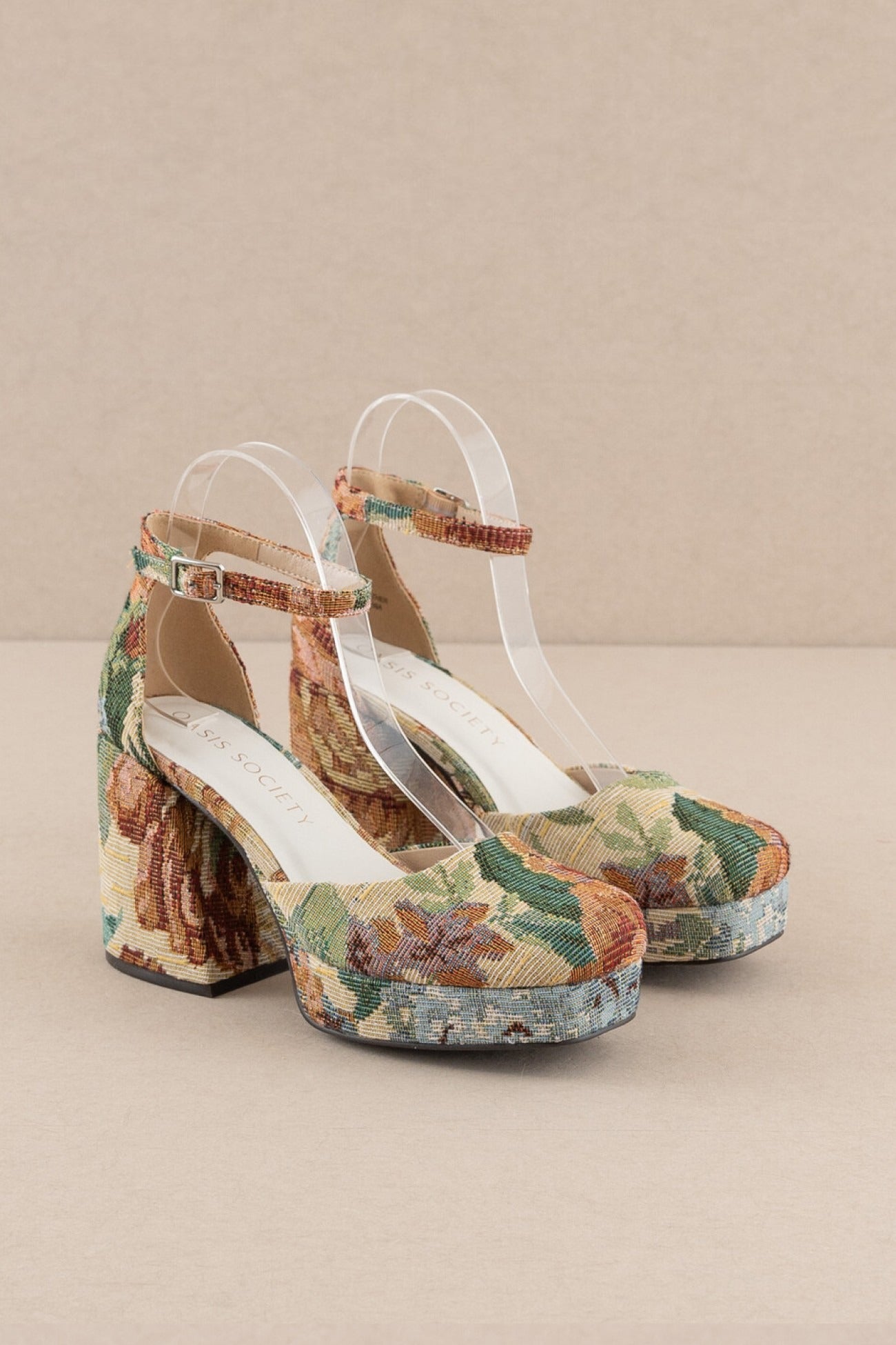 Floral Tapestry Chunky Platform Mary Jane Heels with Square Toe - Oasis Society - RARA Boutique 